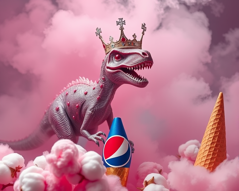 cotton candy, crown, dinosaur, cone, pepsi